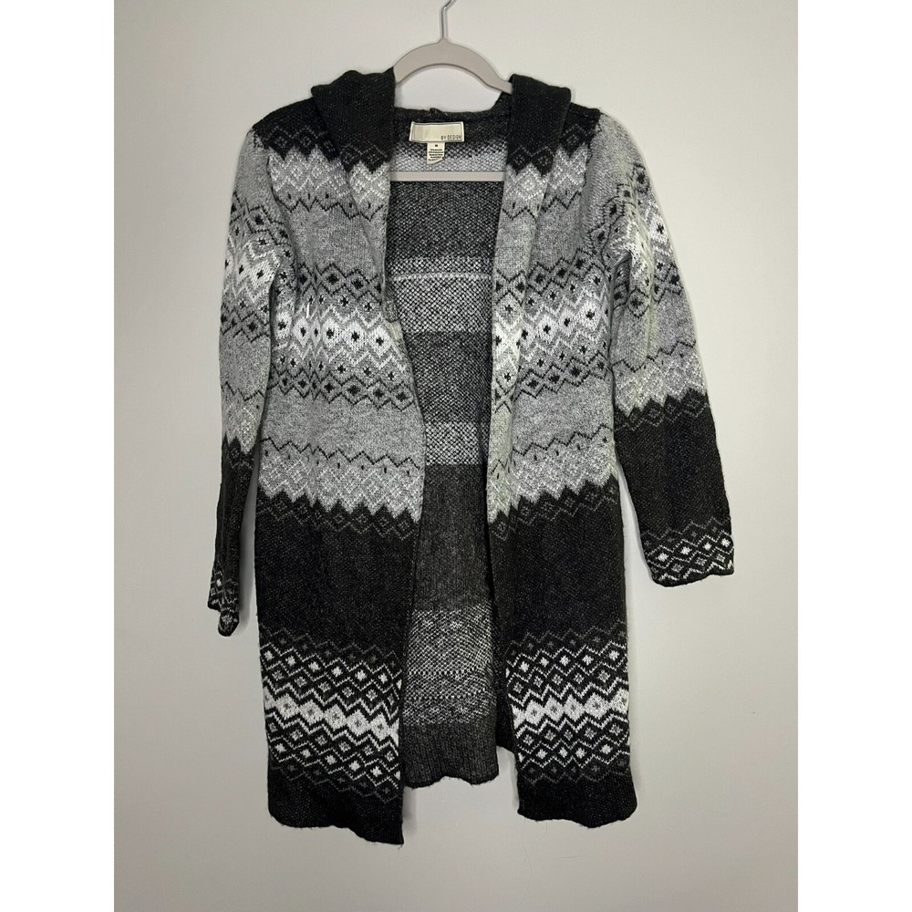 Love by Design Gray Apollo Hooded Pattern Cardigan Sweater Diamond Fairisle SZ M